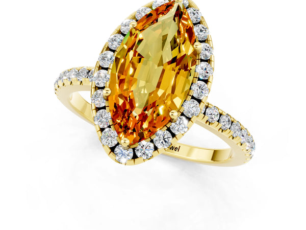 Yellow gold Marquise Cut Citrine Halo Engagement Ring with Round Pavé Band and Prong Setting