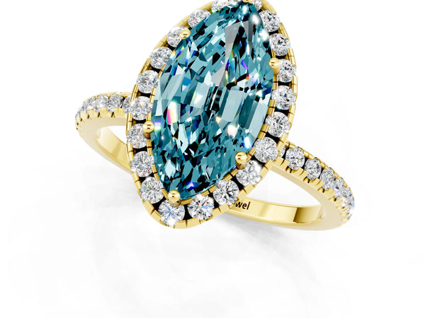 Yellow gold Marquise Cut Cut Diamond Floral Halo Engagement Ring with Pavé Band and Prong Setting
