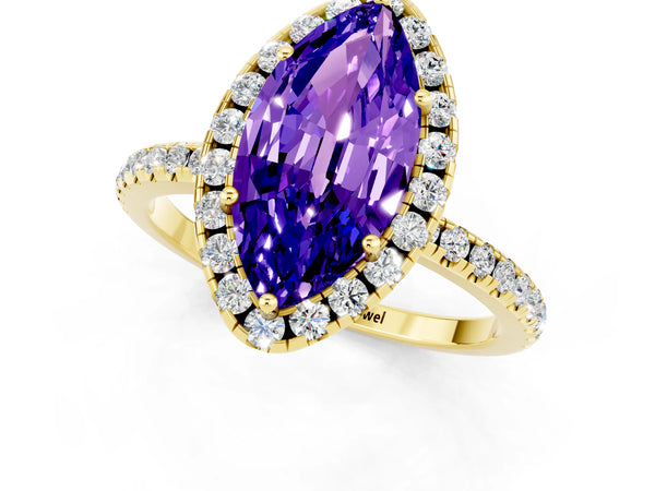 Yellow gold Marquise Cut Tanzanite Halo Engagement Ring with Round Pavé Band and Prong Setting