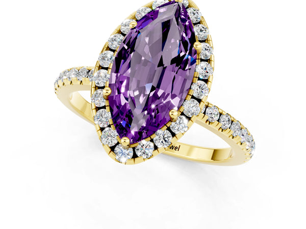 Yellow gold Marquise Cut Amethyst Halo Engagement Ring with Round Pavé Band and Prong Setting