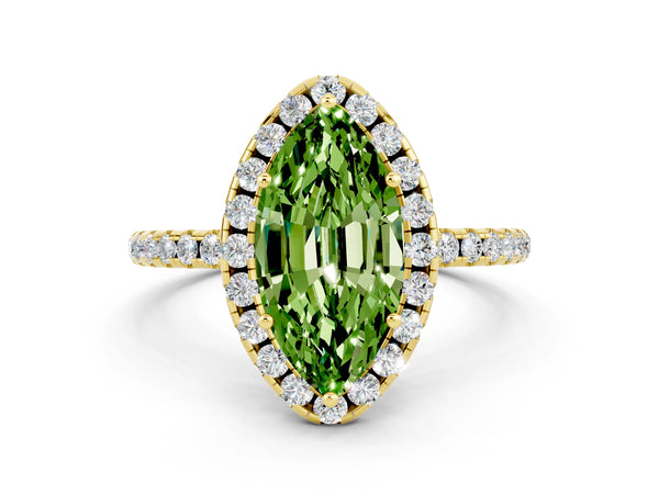 Yellow gold Marquise Cut Cut Diamond Floral Halo Engagement Ring with Pavé Band and Prong Setting
