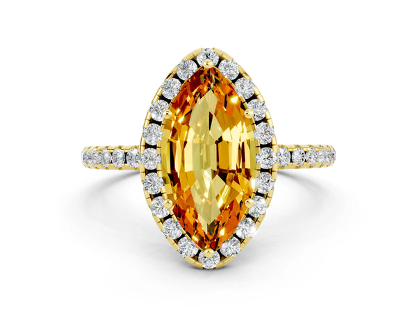 Yellow gold Marquise Cut Citrine Halo Engagement Ring with Round Pavé Band and Prong Setting