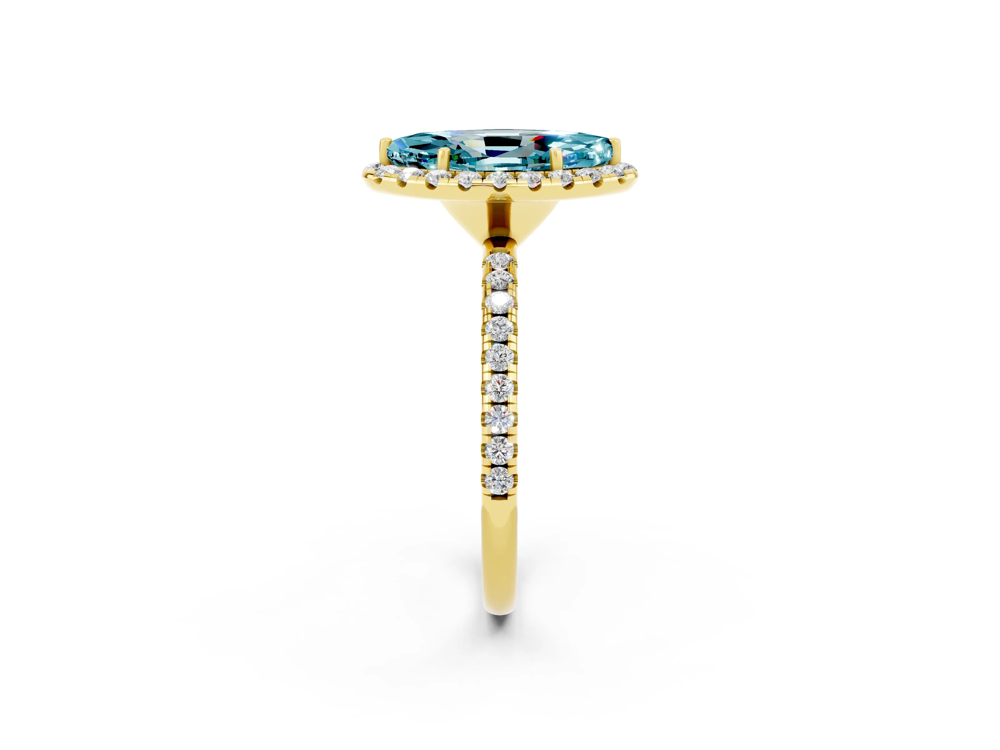Yellow gold Marquise Cut Cut Diamond Floral Halo Engagement Ring with Pavé Band and Prong Setting_2