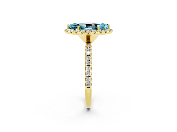 Yellow gold Marquise Cut Cut Diamond Floral Halo Engagement Ring with Pavé Band and Prong Setting