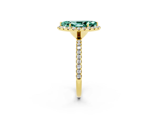 Yellow gold Marquise Cut Green Sapphire Halo Engagement Ring with Round Pavé Band and Prong Setting