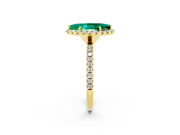 Yellow gold Marquise Cut Emerald Halo Engagement Ring with Round Pavé Band and Prong Setting