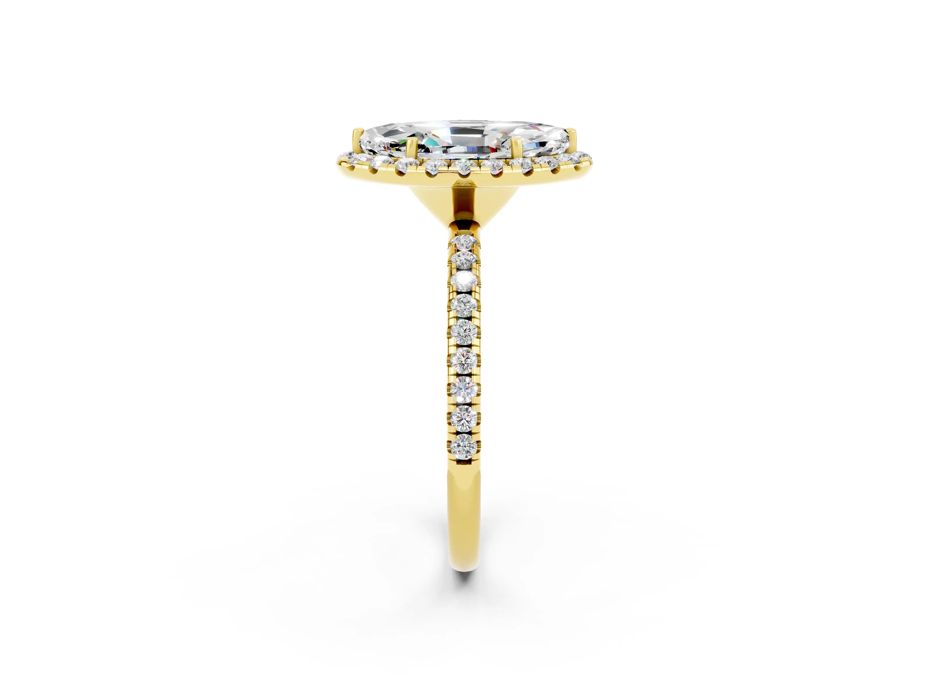 Yellow gold Marquise Cut Cut Diamond Floral Halo Engagement Ring with Pavé Band and Prong Setting_2