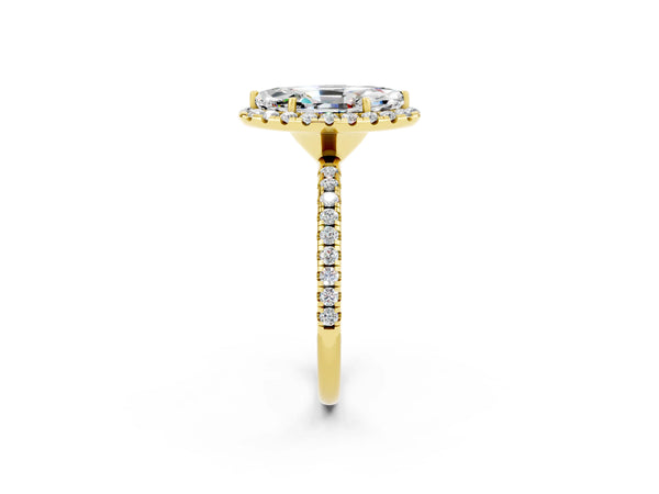 Yellow gold Marquise Cut Moissanite Halo Engagement Ring with Round Pavé Band and Prong Setting
