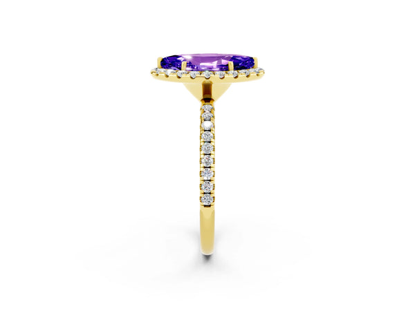 Yellow gold Marquise Cut Tanzanite Halo Engagement Ring with Round Pavé Band and Prong Setting