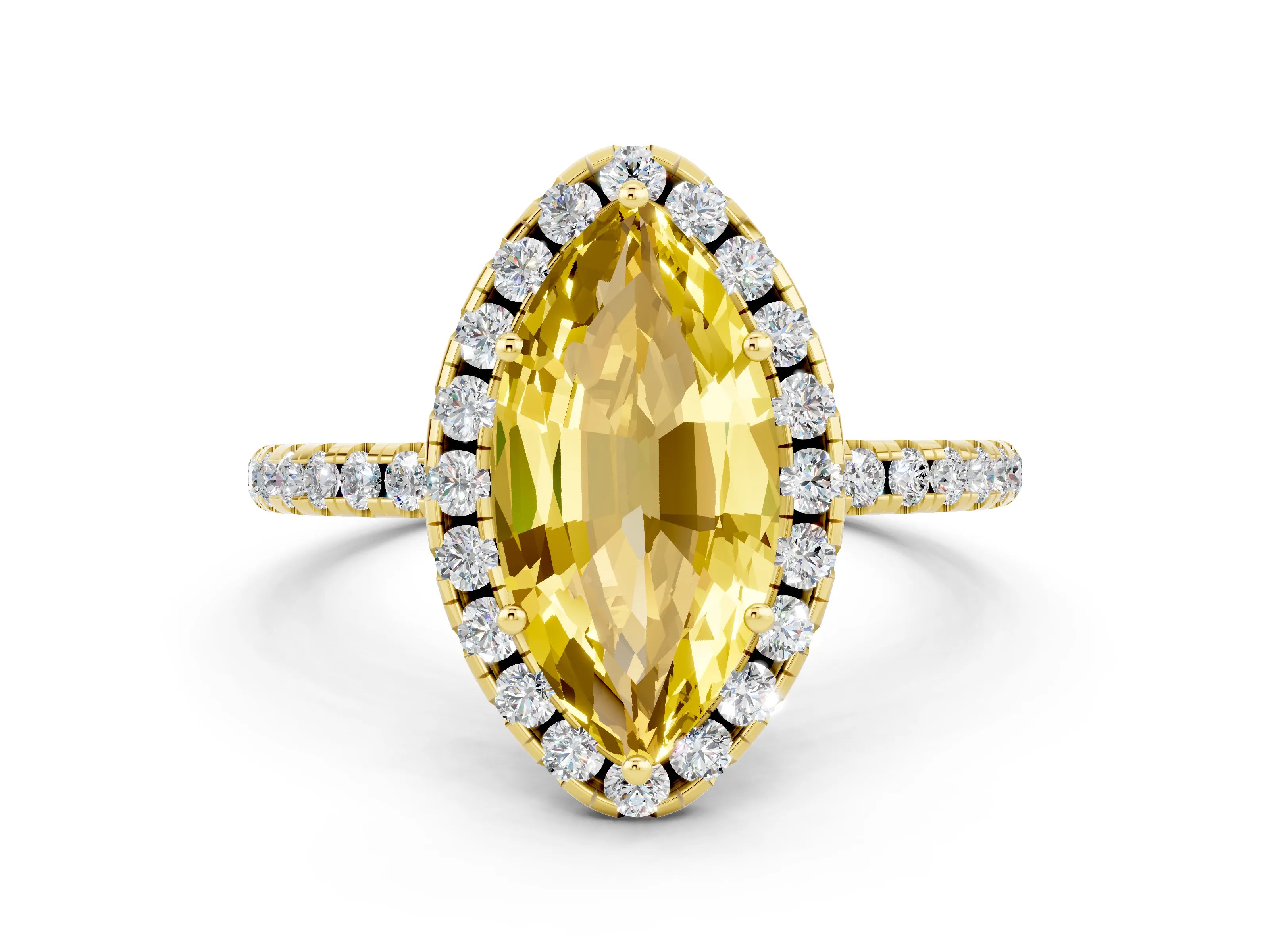 Yellow gold Marquise Cut Cut Diamond Floral Halo Engagement Ring with Pavé Band and Prong Setting