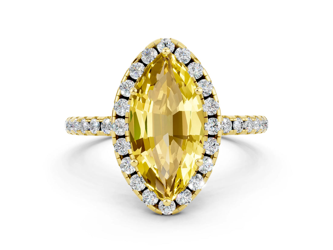 Yellow gold Marquise Cut Cut Diamond Floral Halo Engagement Ring with Pavé Band and Prong Setting