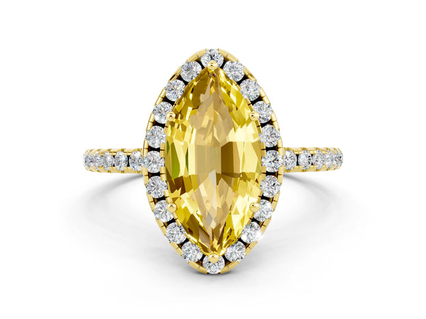 Yellow gold Marquise Cut Yellow Sapphire Halo Engagement Ring with Round Pavé Band and Prong Setting