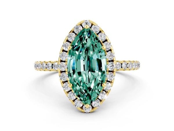 Yellow gold Marquise Cut Green Sapphire Halo Engagement Ring with Round Pavé Band and Prong Setting