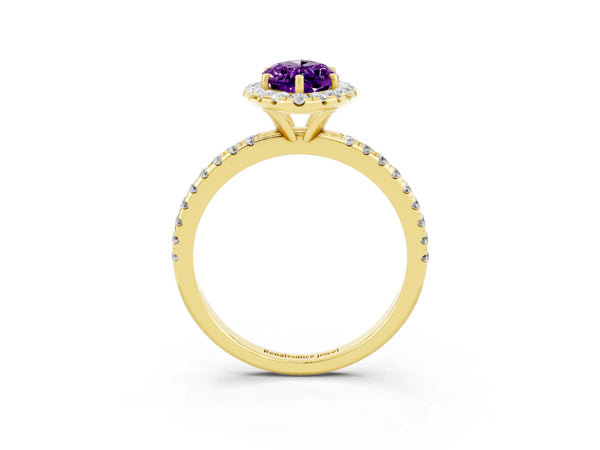 Yellow gold Marquise Cut Amethyst Halo Engagement Ring with Round Pavé Band and Prong Setting