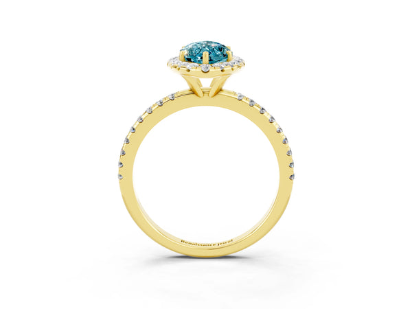 Yellow gold Marquise Cut Cut Diamond Floral Halo Engagement Ring with Pavé Band and Prong Setting