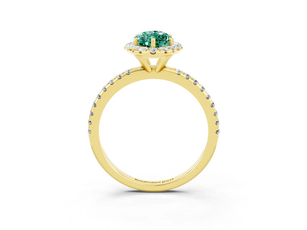 Yellow gold Marquise Cut Green Sapphire Halo Engagement Ring with Round Pavé Band and Prong Setting