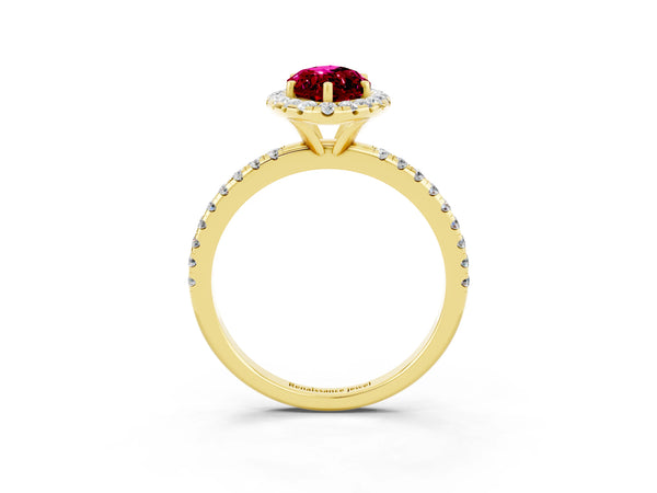Yellow gold Marquise Cut Garnet Halo Engagement Ring with Round Pavé Band and Prong Setting