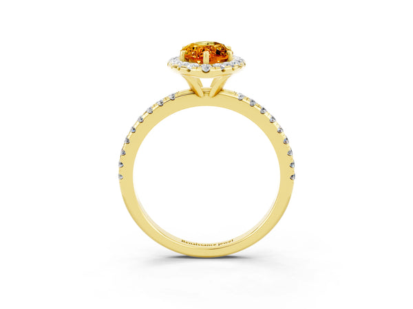 Yellow gold Marquise Cut Citrine Halo Engagement Ring with Round Pavé Band and Prong Setting