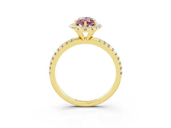 Yellow gold Marquise Cut Cut Diamond Floral Halo Engagement Ring with Pavé Band and Prong Setting