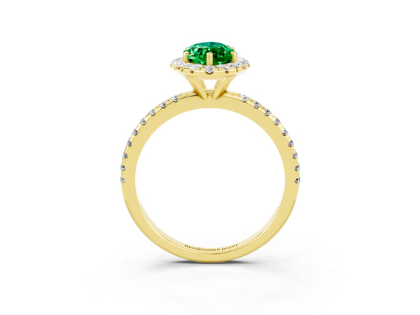 Yellow gold Marquise Cut Emerald Halo Engagement Ring with Round Pavé Band and Prong Setting
