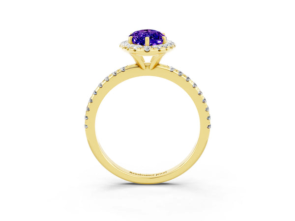 Yellow gold Marquise Cut Tanzanite Halo Engagement Ring with Round Pavé Band and Prong Setting