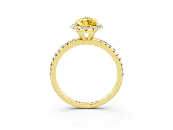 Yellow gold Marquise Cut Yellow Sapphire Halo Engagement Ring with Round Pavé Band and Prong Setting