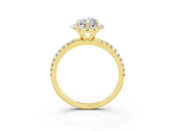 Yellow gold Marquise Cut Moissanite Halo Engagement Ring with Round Pavé Band and Prong Setting