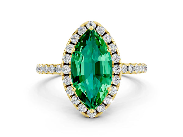 Yellow gold Marquise Cut Emerald Halo Engagement Ring with Round Pavé Band and Prong Setting