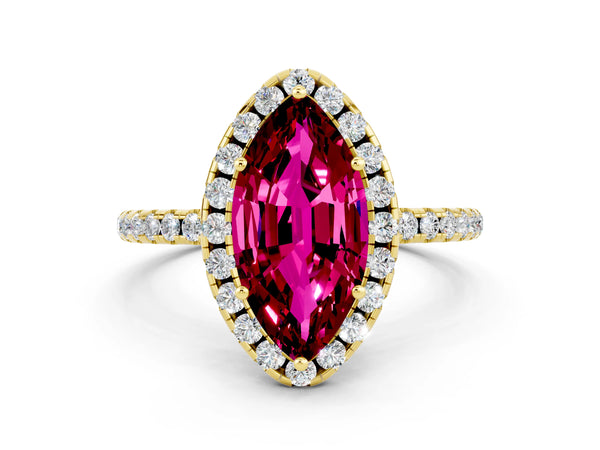 Yellow gold Marquise Cut Garnet Halo Engagement Ring with Round Pavé Band and Prong Setting