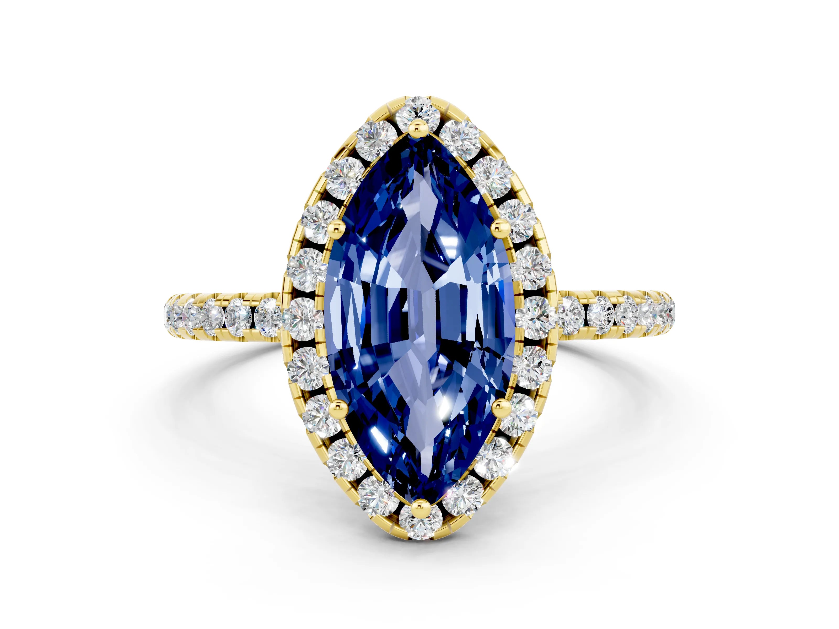 Yellow gold Marquise Cut Cut Diamond Floral Halo Engagement Ring with Pavé Band and Prong Setting