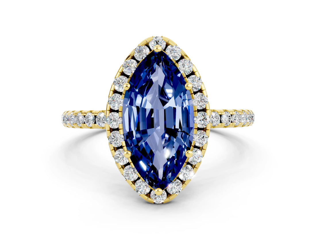 Yellow gold Marquise Cut Cut Diamond Floral Halo Engagement Ring with Pavé Band and Prong Setting