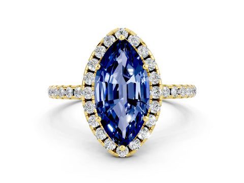Yellow gold Marquise Cut Cut Diamond Floral Halo Engagement Ring with Pavé Band and Prong Setting