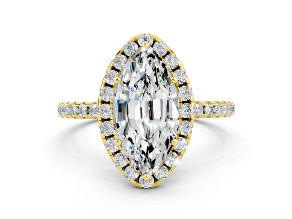 Yellow gold Marquise Cut Moissanite Halo Engagement Ring with Round Pavé Band and Prong Setting