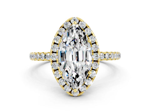 Yellow gold Marquise Cut Cut Diamond Floral Halo Engagement Ring with Pavé Band and Prong Setting