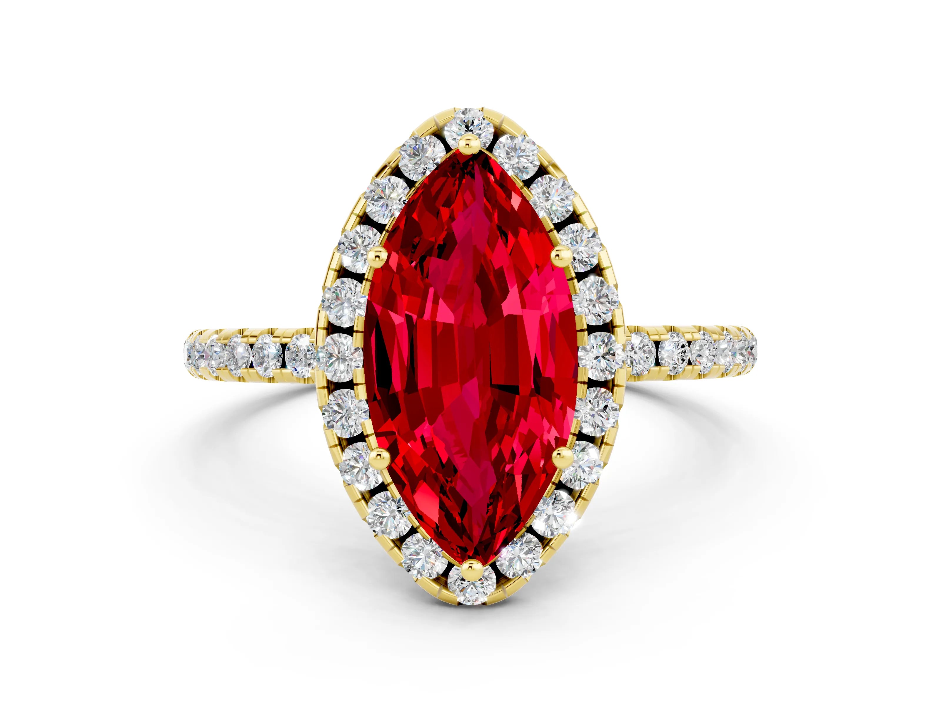 Yellow gold Marquise Cut Cut Diamond Floral Halo Engagement Ring with Pavé Band and Prong Setting