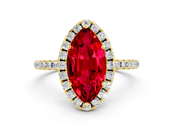 Yellow gold Marquise Cut Cut Diamond Floral Halo Engagement Ring with Pavé Band and Prong Setting