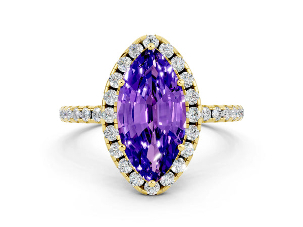 Yellow gold Marquise Cut Tanzanite Halo Engagement Ring with Round Pavé Band and Prong Setting
