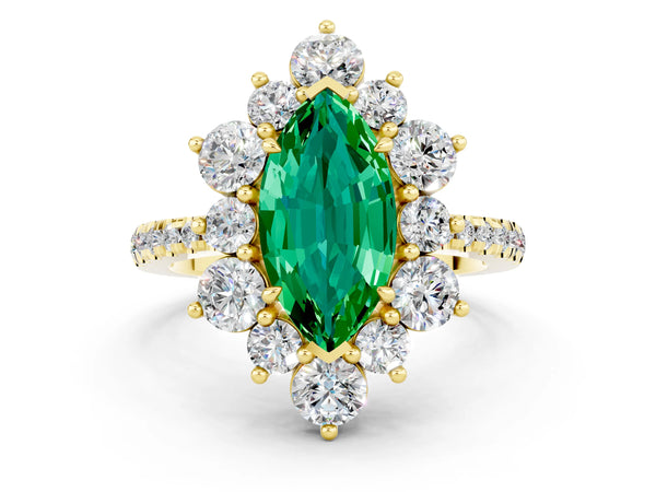 Yellow gold Marquise Cut Emerald Floral Halo Ring with Round Pavé Band and Prong Setting