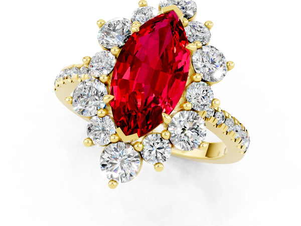 Yellow gold Marquise Cut Ruby Floral Halo Ring with Round Pavé Band and Prong Setting