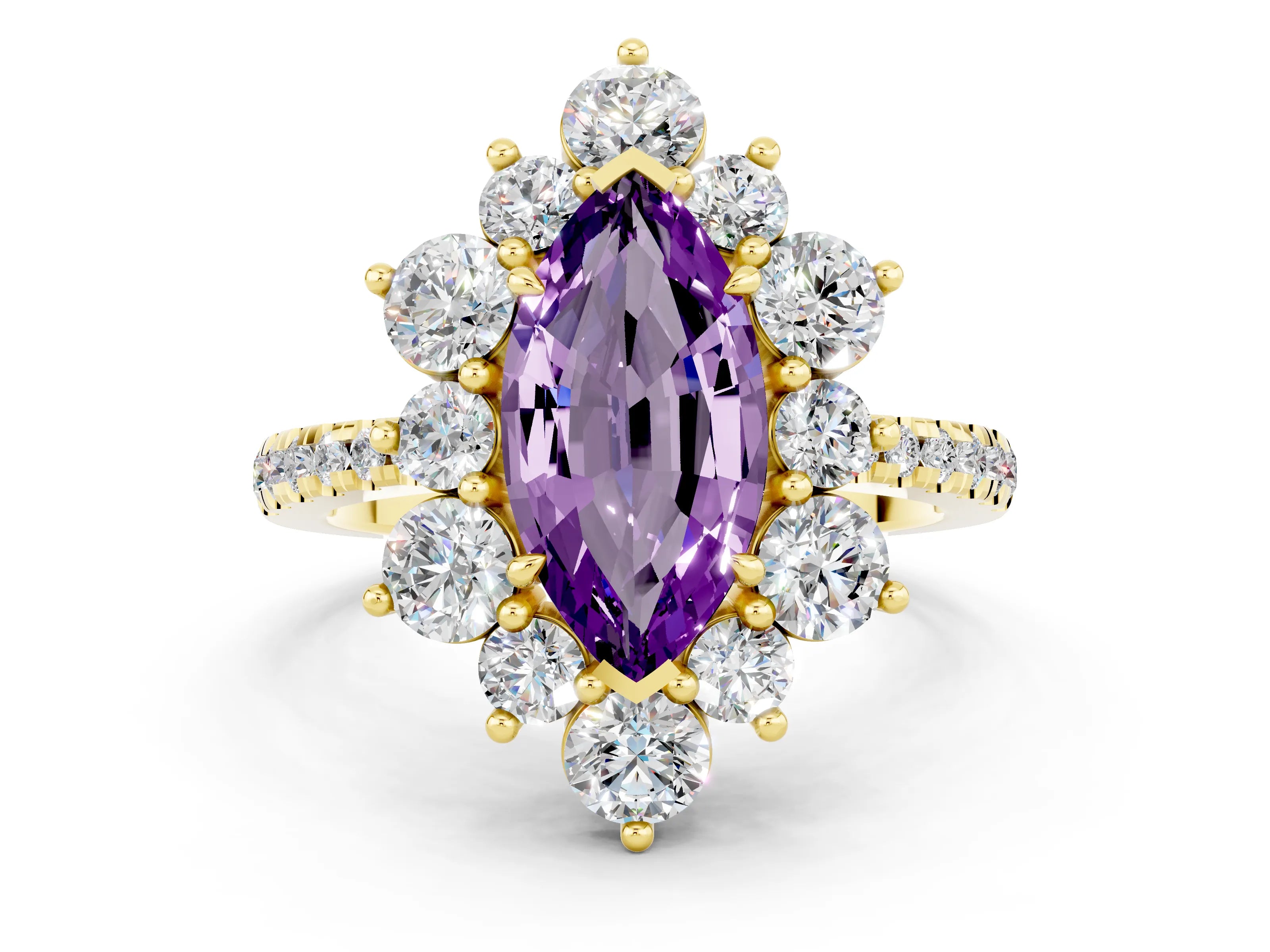 Yellow gold Marquise Cut Cut Diamond Floral Halo Pave Band with Prong Setting