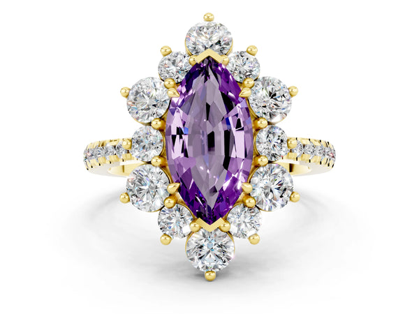 Yellow gold Marquise Cut Amethyst Floral Halo Ring with Round Pavé Band and Prong Setting