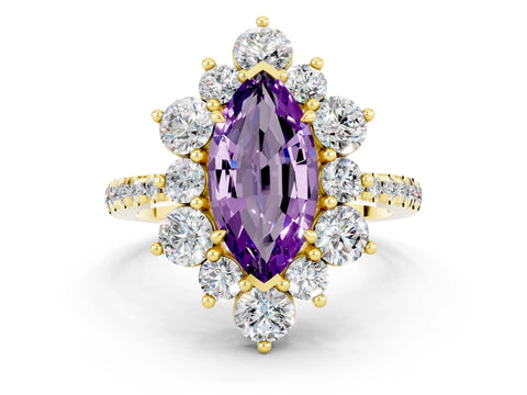 Yellow gold Marquise Cut Cut Diamond Floral Halo Pave Band with Prong Setting