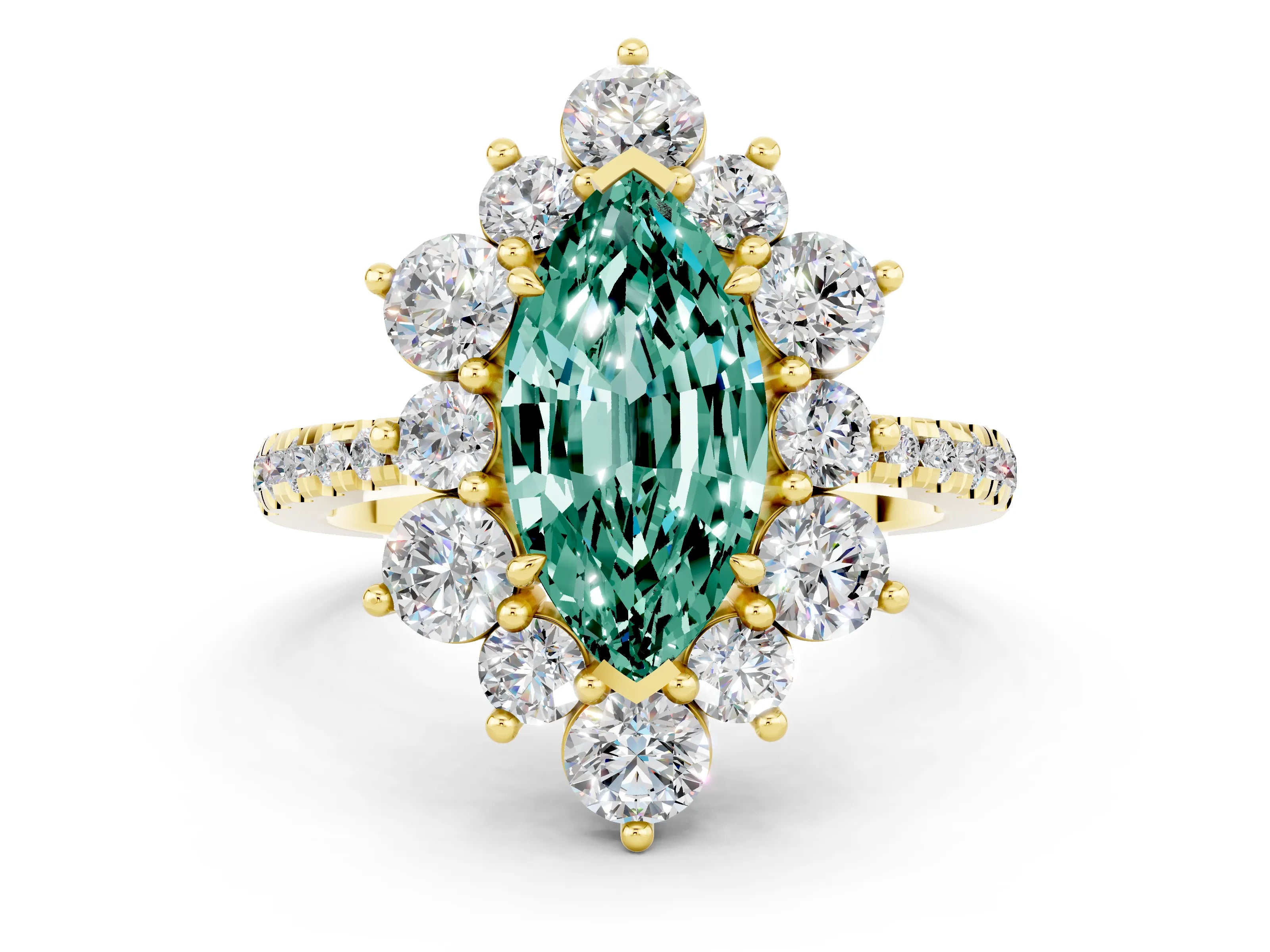 Yellow gold Marquise Cut Cut Diamond Floral Halo Pave Band with Prong Setting