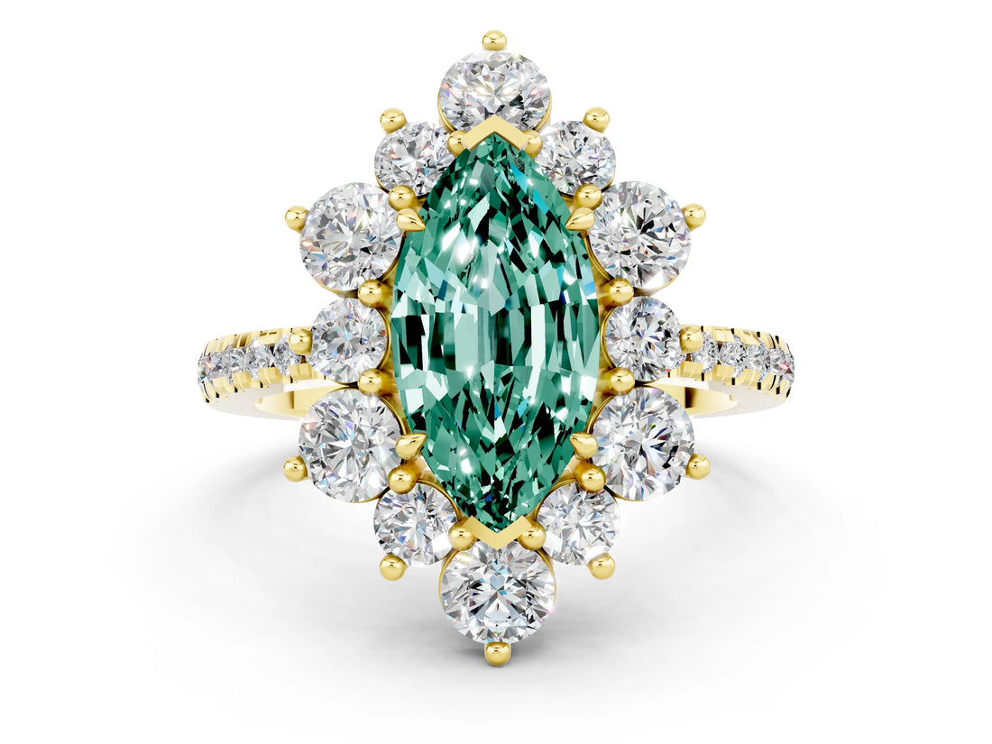 Yellow gold Marquise Cut Cut Diamond Floral Halo Pave Band with Prong Setting
