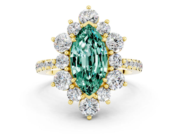 Yellow gold Marquise Cut Green Sapphire Floral Halo Ring with Round Pavé Band and Prong Setting