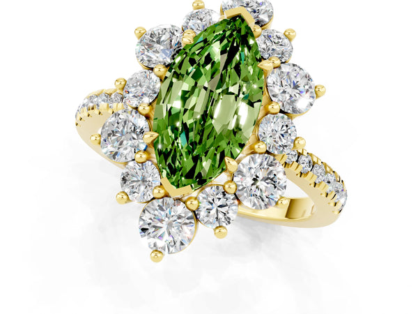 Yellow gold Marquise Cut Cut Diamond Floral Halo Pave Band with Prong Setting