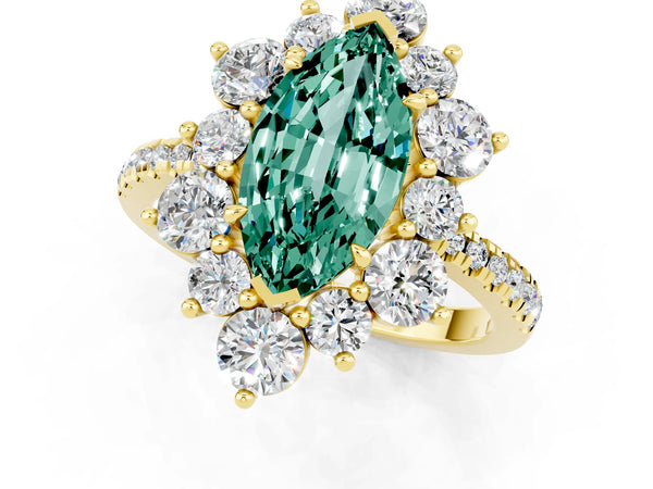 Yellow gold Marquise Cut Green Sapphire Floral Halo Ring with Round Pavé Band and Prong Setting