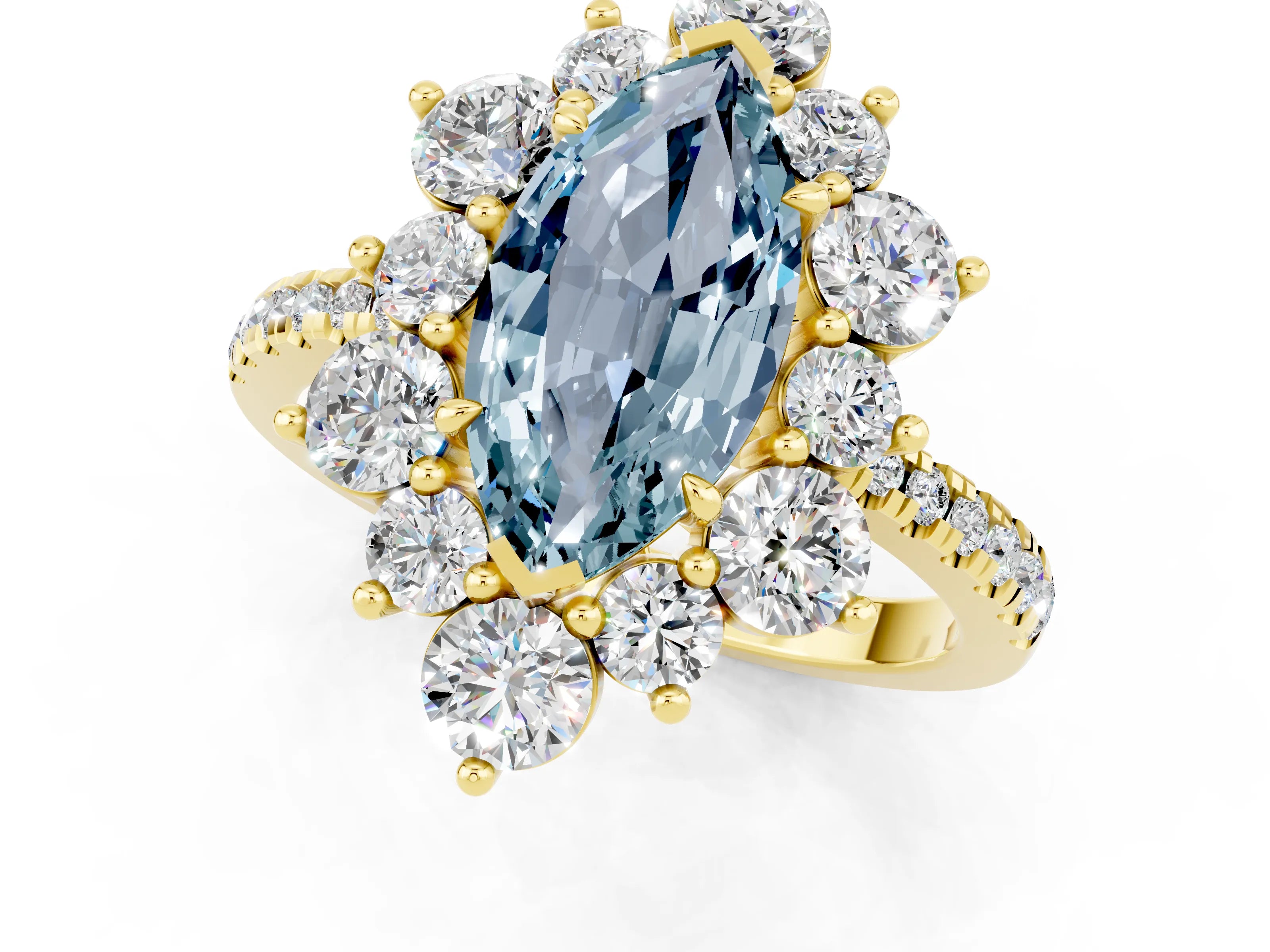 Yellow gold Marquise Cut Cut Diamond Floral Halo Pave Band with Prong Setting_1