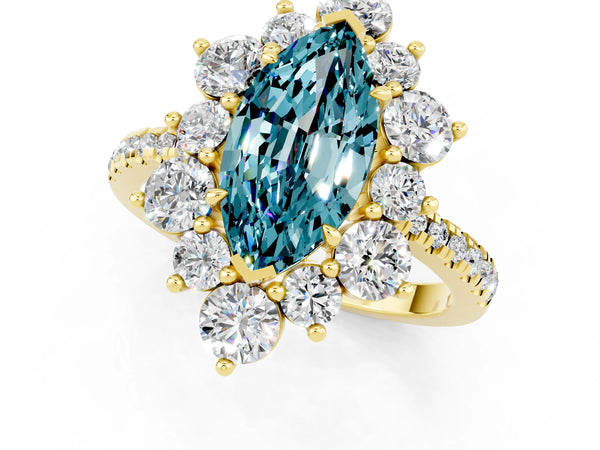 Yellow gold Marquise Cut Cut Diamond Floral Halo Pave Band with Prong Setting
