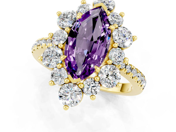 Yellow gold Marquise Cut Amethyst Floral Halo Ring with Round Pavé Band and Prong Setting